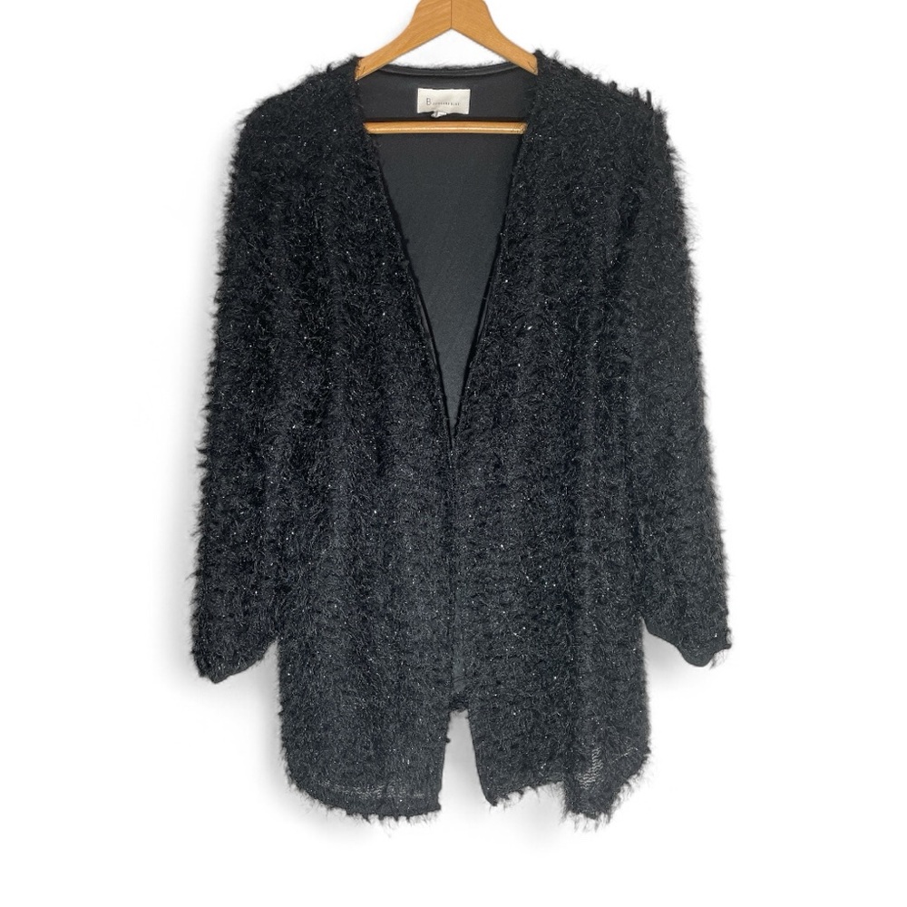 E7- Skies Are Blue Black Textured hairy fuzzy Open-Front Cardigan Plus 1X delete